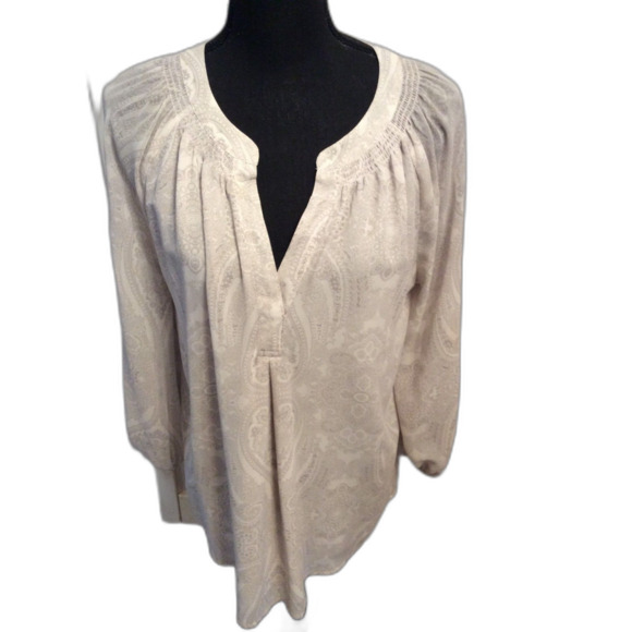 Rose + Olive Gray White Print V neck tunic Large L Career Church - Picture 1 of 6